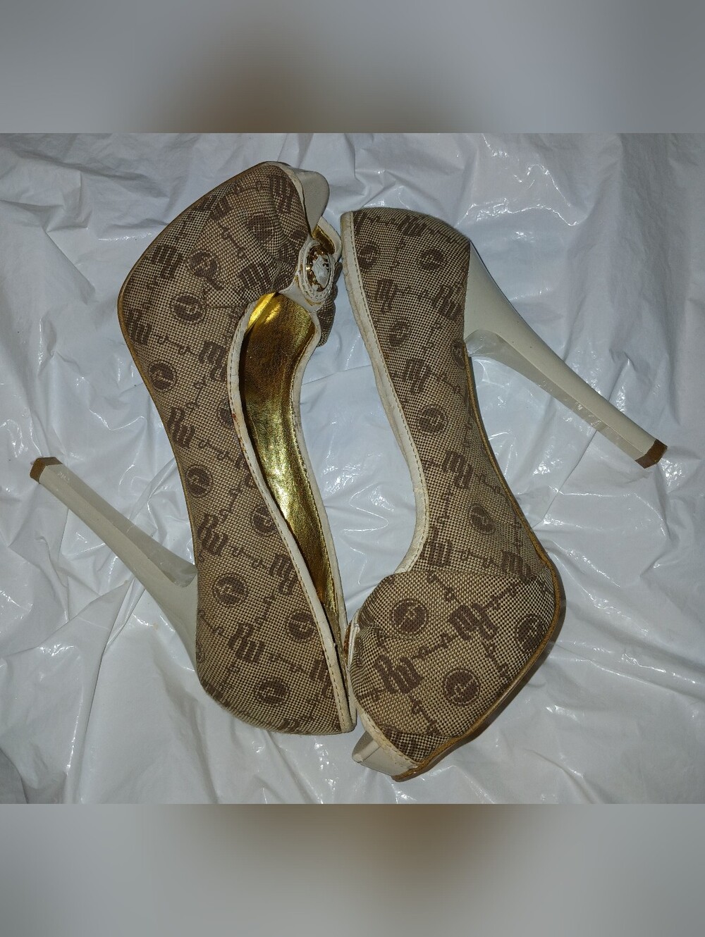 Pre-loved Beige Monogram Peep-Toe High Heels.